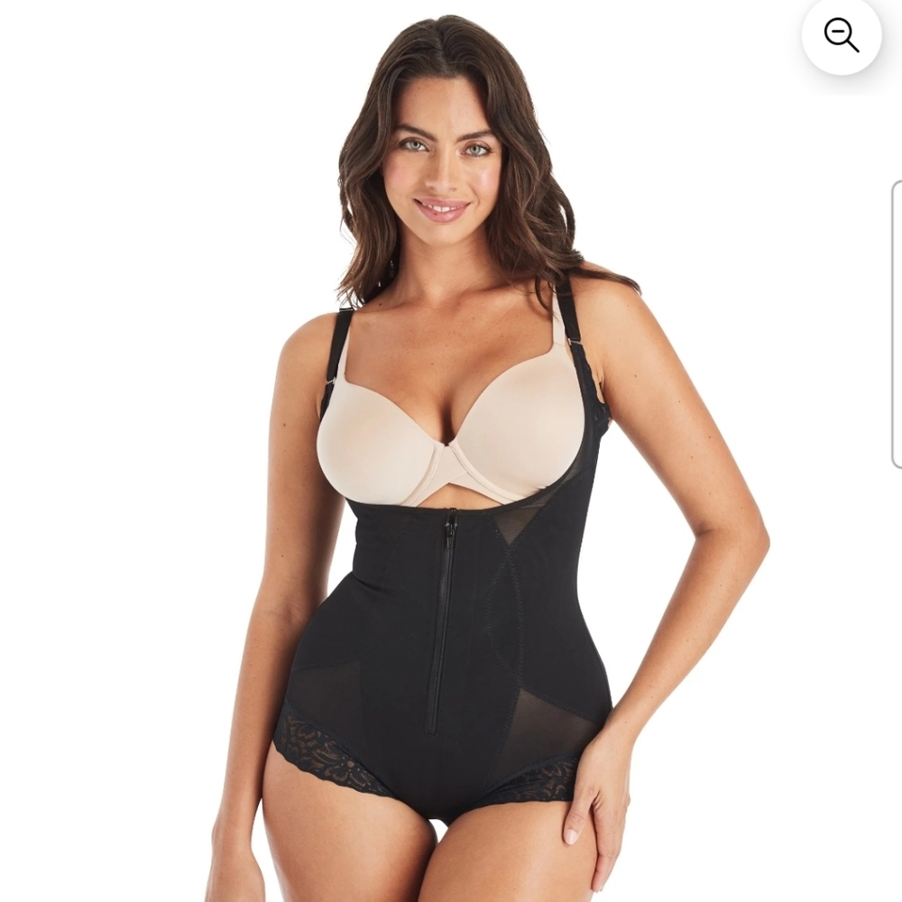 Black Lace-Trim Shaping Bodysuit with Adjustable Straps